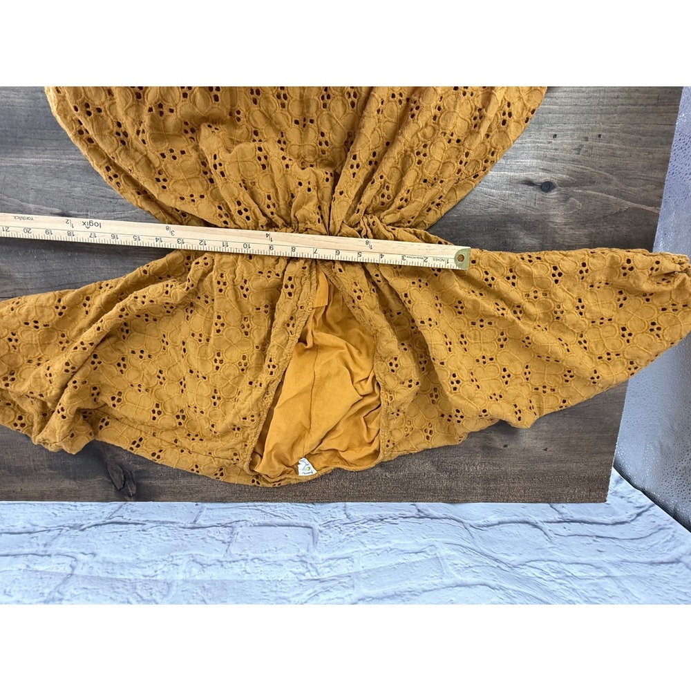 ByTogether Eyelet Mini Dress M Mustard Boho Cottagecore Prairie Puff Sleeve - Picture 11 of 12
